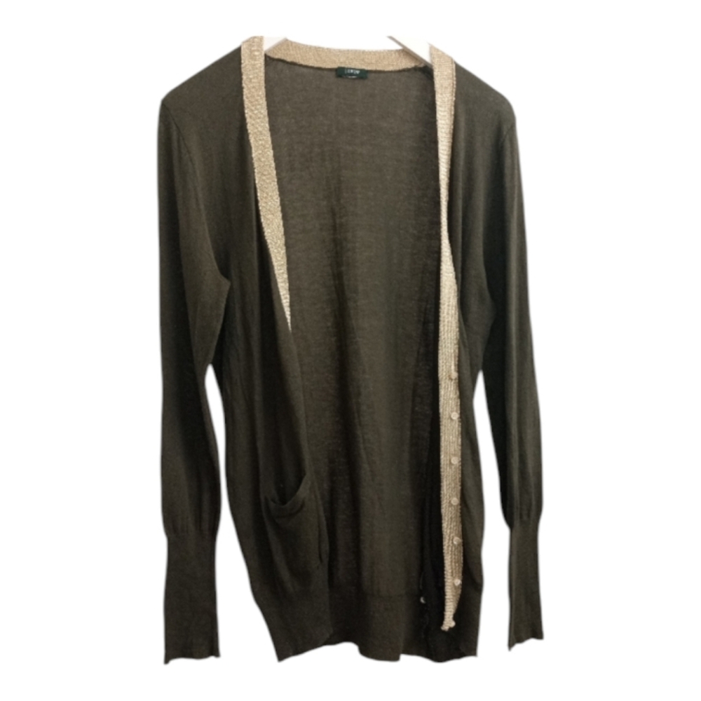 J. Crew Wool Blend Deep Olive Metallic Gold Trimmed  Cardigan -Size L